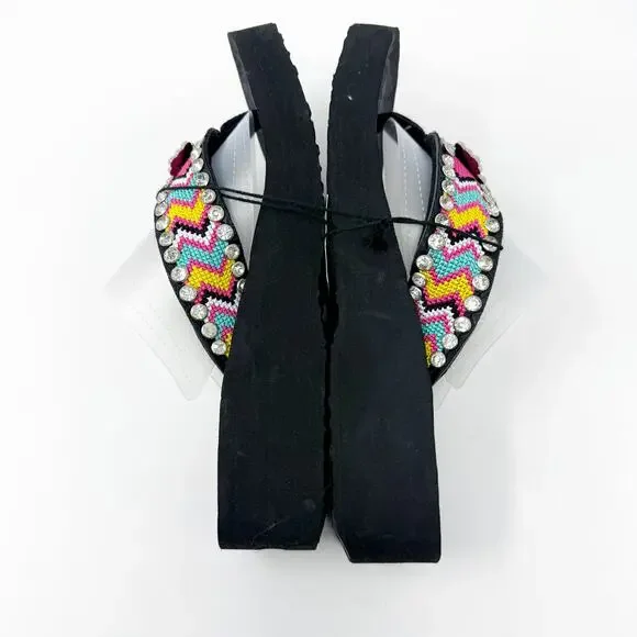 NWT Montana West Black/Multicolor Chunky Flipflops with Rhinestones Cross Detail - Picture 6 of 9